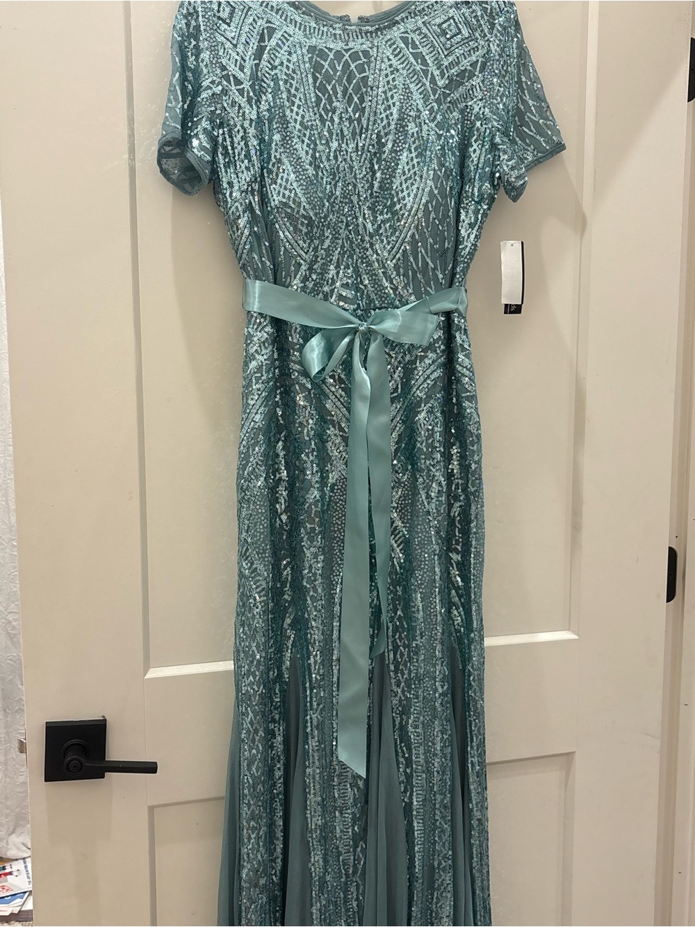R&M Richards Slate Sequin Evening Dress with Satin Tie Belt